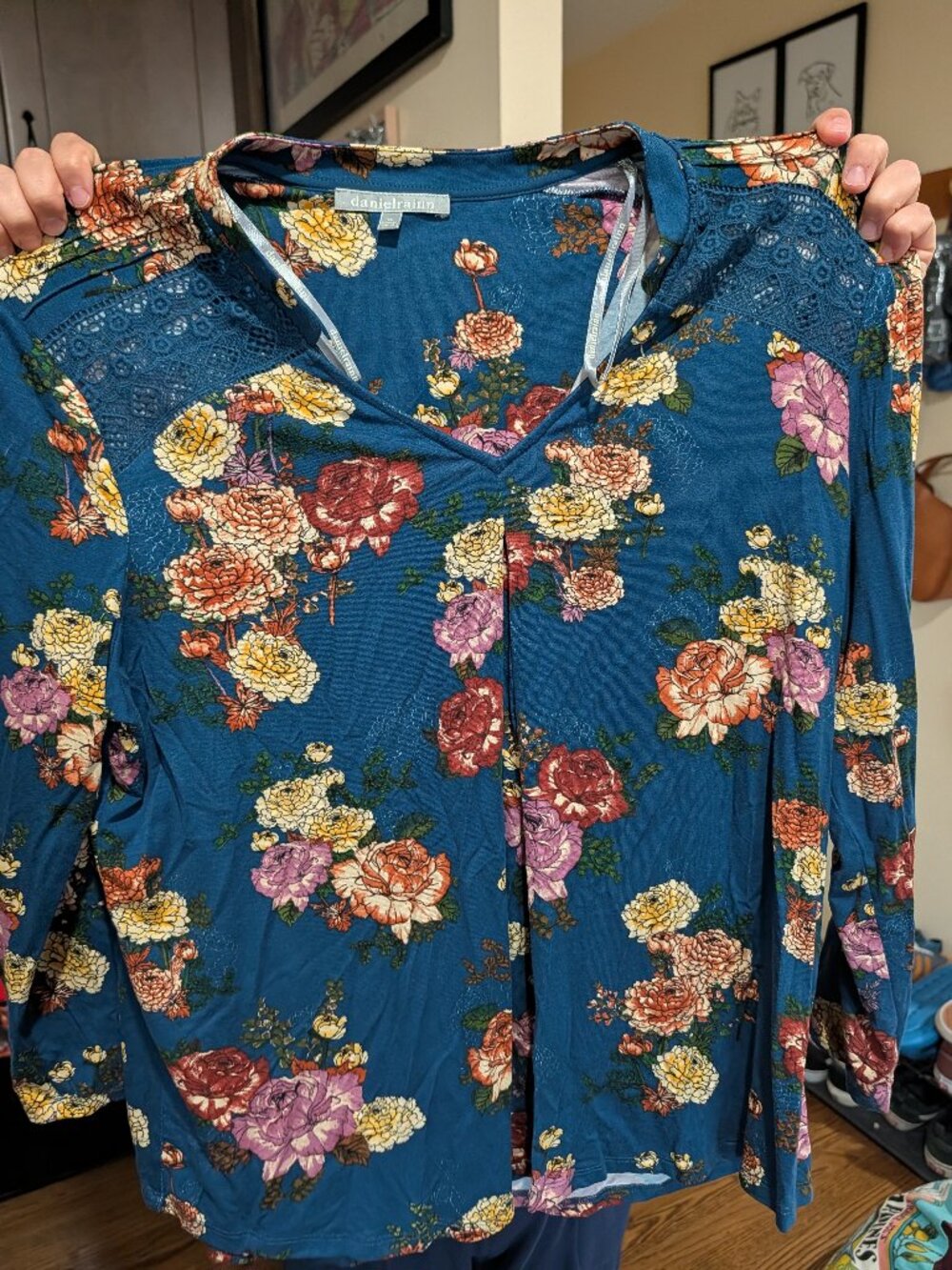 Daniel Rainn Boho Teal Rose Print Crochet Lace Yoke Blouse